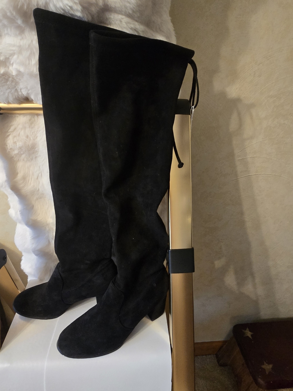 SHEIN Black Over-the-Knee Suede Boots with Back Drawstring